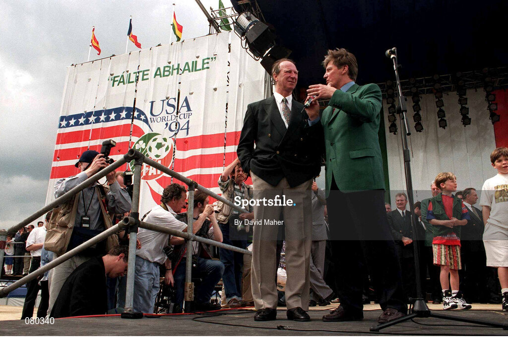 7 July 1994; Jack Charlton is interviewed by broadcaster Pat Kenny in the Phoenix Park when the Republic of Ireland team returned from the 1994 World Cup in the USA. Photo by David Maher/Sportsfile