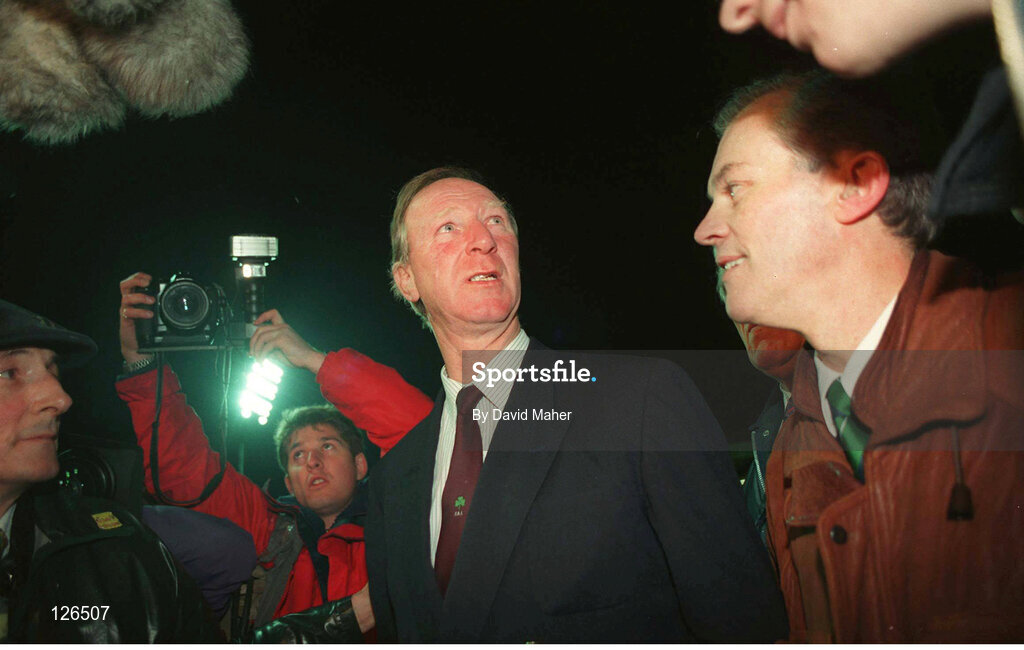 11 July 1995; Jack Charlton celebrates after the 1-1 draw with Northern Ireland. World Cup Qualifier, Ireland v Northern Irealnd, Windsor Park, Belfast. Photo by David Maher/Sportsfile