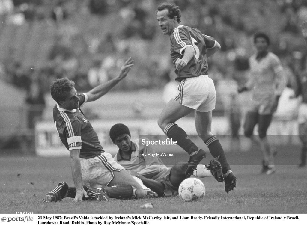 23 May 1987; Brazil's Valdo is tackled by Ireland's Mick McCarthy, left, and Liam Brady. Friendly International, Republic of Ireland v Brazil. Lansdowne Road, Dublin. Photo by Ray McManus/Sportsfile