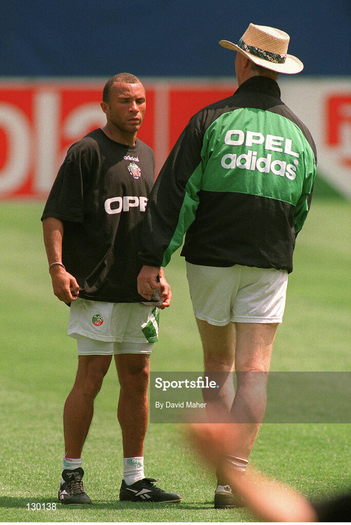 17 June 1994; Terry Phelan speaks to Republic of Ireland manager Jack Charlton during a squad training session. FIFA World Cup Finals, Giants Stadium, Meadowlands, New Jersey, USA. Photo by David Maher/Sportsfile