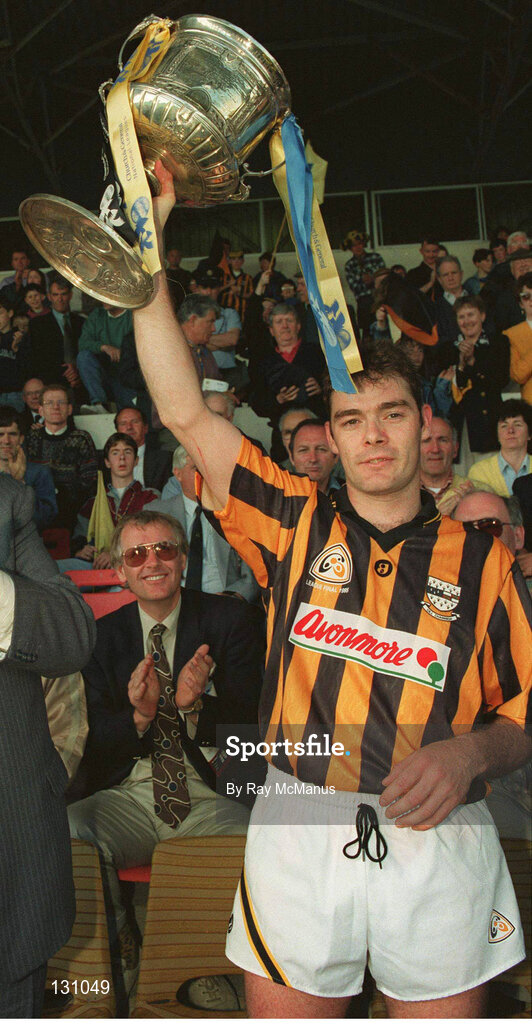 7 May 1995; Kilkenny captain Bill Hennessy lifts the cup following the Church & General National League Hurling Final between Kilkenny and Clare at Semple Stadium in Thurles, Tipperary. Photo by Ray McManus/Sportsfile