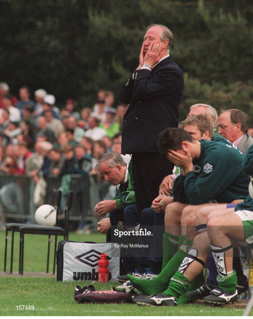 4 June 1995; Republic of Ireland manager Jack Charlton looks on during the final moments of the game while Niall Quinn holds his head in his hands. European Championship Qualifier, Republic of Ireland v Liechtenstein, Liechtenstein. Photo by Ray McManus/Sportsfile