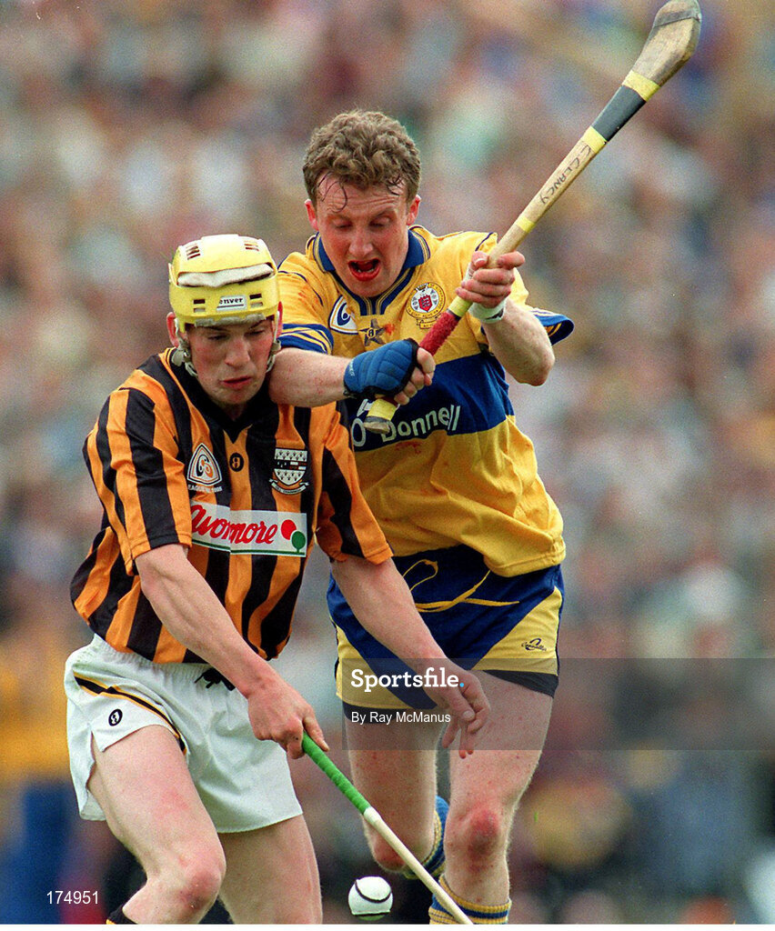 7 May 1995; Liam Keoghan of Kilkenny in action against Conor Clancy of Clare during the Church & General National League Hurling Final between Kilkenny and Clare at Semple Stadium in Thurles, Tipperary. Photo by Ray McManus/Sportsfile