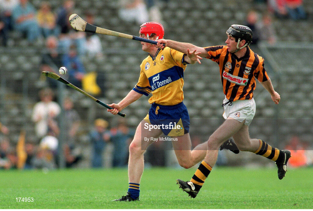 7 May 1995; Brian Lohan of Clare in action against DJ Carey of Kilkenny during the Church & General National League Hurling Final between Kilkenny and Clare at Semple Stadium in Thurles, Tipperary. Photo by Ray McManus/Sportsfile