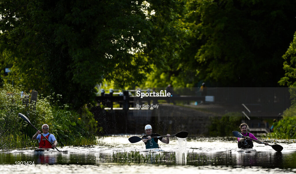 24 May 2020; Royal Canal Kayak Club members, from left, Art Fitzpatrick, from Glasnevin, Keith Shanahan, from Glasnevin, and Richie Wagstaff, from Ballyfermot, take part in a training session along the Royal Canal in Ashtown, Dublin, as limited sport resumes having previously suspended all activity following directives from the Irish Government in an effort to contain the spread of the Coronavirus (COVID-19) pandemic. Sports clubs in the Republic of Ireland resumed activity on May 18th under the Irish government’s Roadmap for Reopening of Society and Business following strict protocols in gatherings of four people or less with social distancing and hand sanitisation among other measures allowing it to return in a phased manner. Photo by Seb Daly/Sportsfile