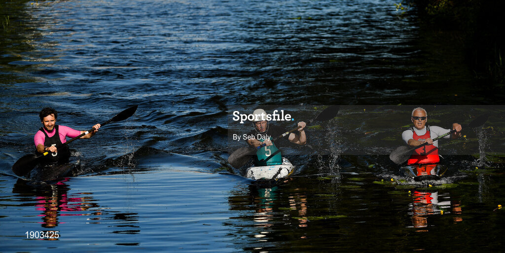 24 May 2020; Royal Canal Kayak Club members, from left, Richie Wagstaff, from Ballyfermot, Keith Shanahan, from Glasnevin, and Art Fitzpatrick, from Glasnevin, take part in a training session along the Royal Canal in Ashtown, Dublin, as limited sport resumes having previously suspended all activity following directives from the Irish Government in an effort to contain the spread of the Coronavirus (COVID-19) pandemic. Sports clubs in the Republic of Ireland resumed activity on May 18th under the Irish government’s Roadmap for Reopening of Society and Business following strict protocols in gatherings of four people or less with social distancing and hand sanitisation among other measures allowing it to return in a phased manner. Photo by Seb Daly/Sportsfile