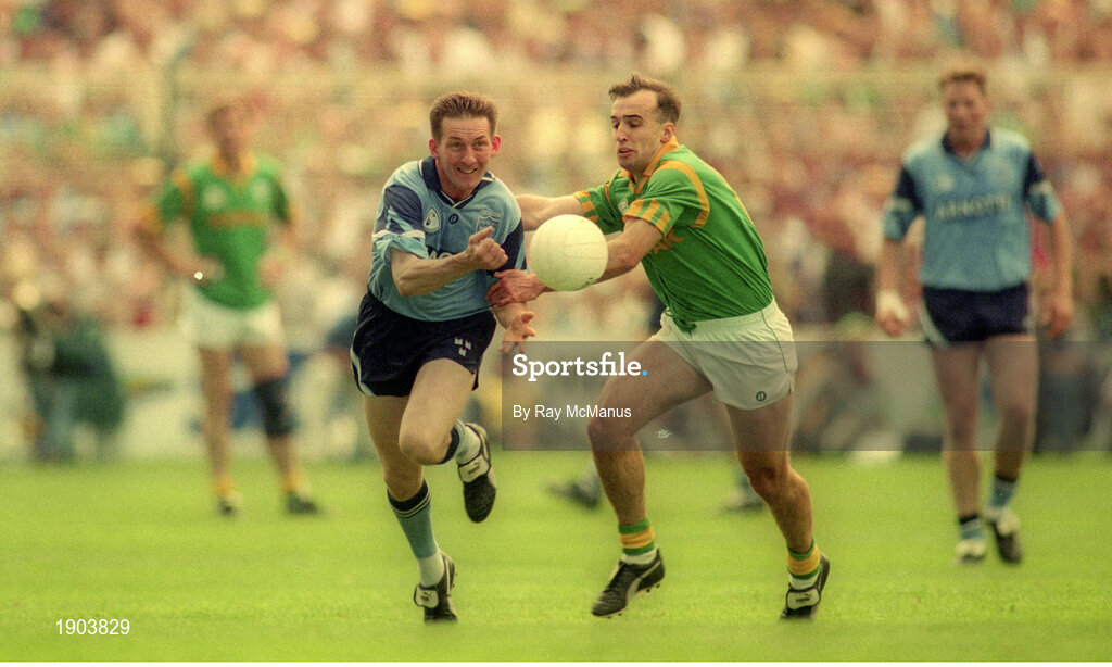 30 July 1995; Mick Deegan of Dublin in action against Jody Devine of Meath during the Bank of Ireland Leinster Senior Football Championship Final match between Dublin and Meath at Croke Park in Dublin. Photo by Ray McManus/Sportsfile
