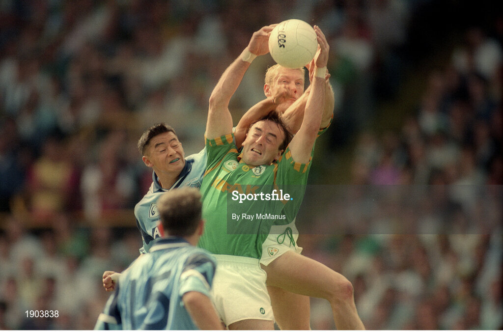 30 July 1995; Colm Coyle, front, and Graham Gerraghty of Meath in action against Jason Sherlock of Dublin during the Bank of Ireland Leinster Senior Football Championship Final match between Dublin and Meath at Croke Park in Dublin. Photo by Ray McManus/Sportsfile