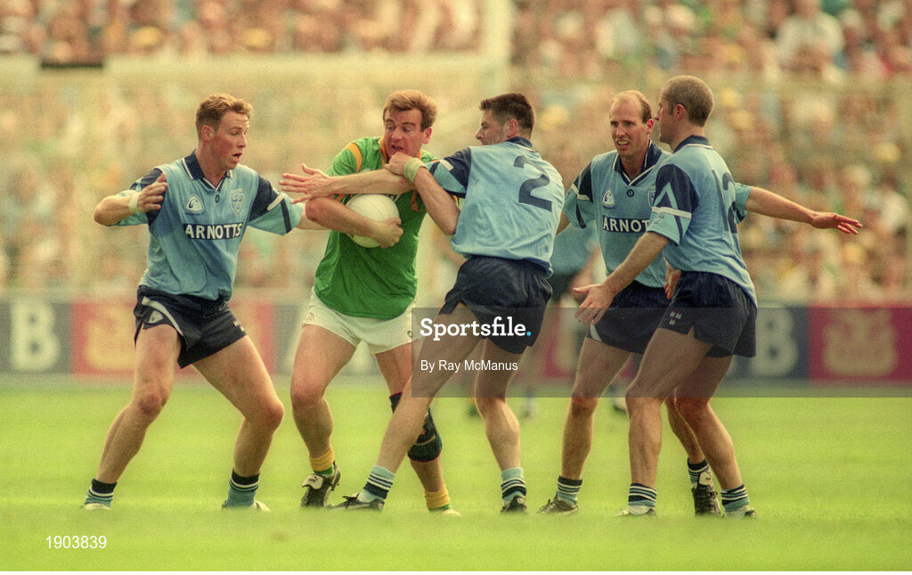 30 July 1995; Colm O'Rourke of Meath in action against Dublin players, from left, Paul Bealin, Paddy Moran, Brian Stynes and Paul Clarke during the Bank of Ireland Leinster Senior Football Championship Final match between Dublin and Meath at Croke Park in Dublin. Photo by Ray McManus/Sportsfile