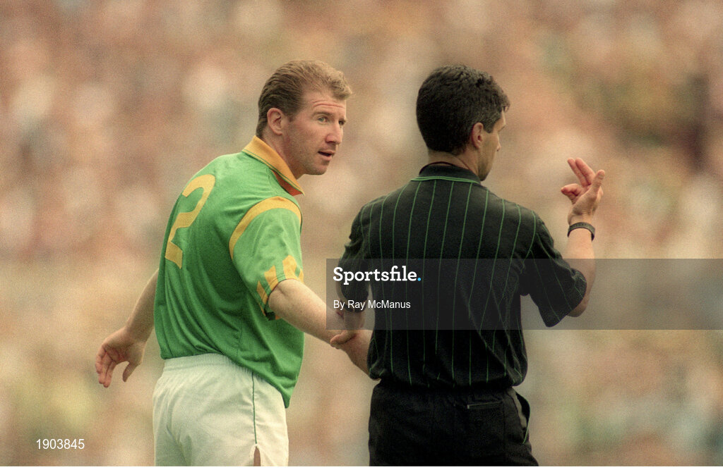 30 July 1995; Robbie O'Malley of Meath remonstrates with referee Pat Casserly during the Bank of Ireland Leinster Senior Football Championship Final match between Dublin and Meath at Croke Park in Dublin. Photo by Ray McManus/Sportsfile