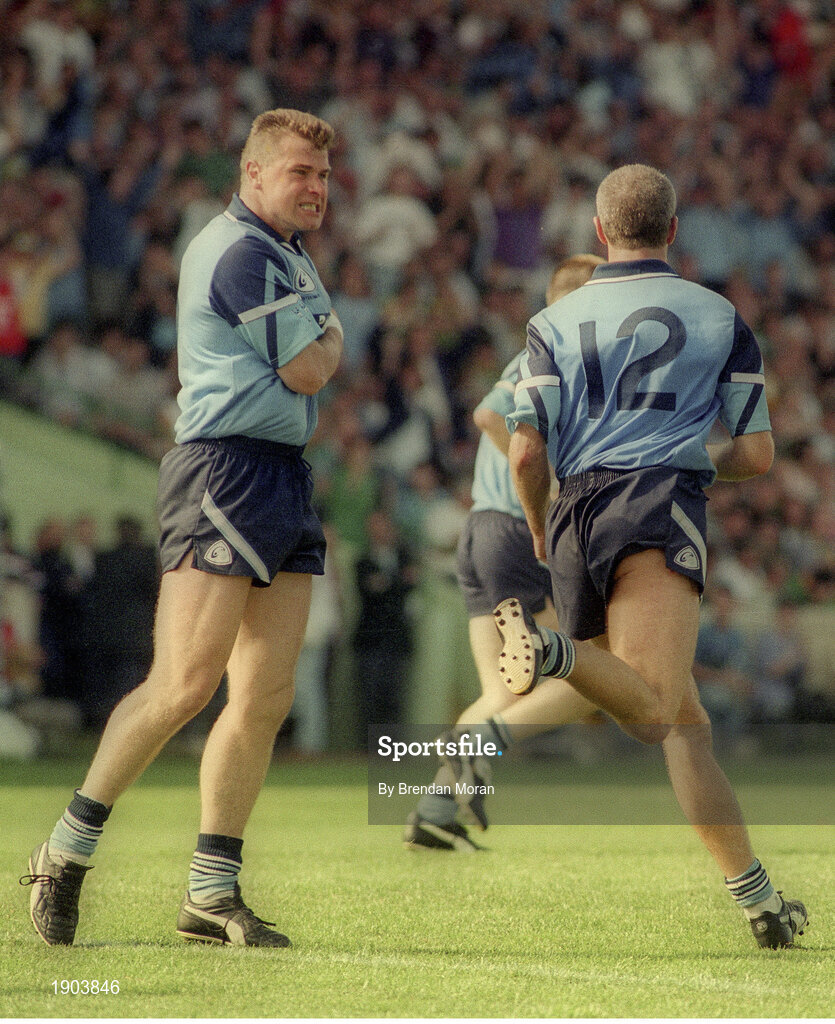 30 July 1995; Paul Clarke of Dublin, right, celebrates after scoring his side's first goal with team-mate Charlie Redmond during the Bank of Ireland Leinster Senior Football Championship Final match between Dublin and Meath at Croke Park in Dublin. Photo by Brendan Moran/Sportsfile