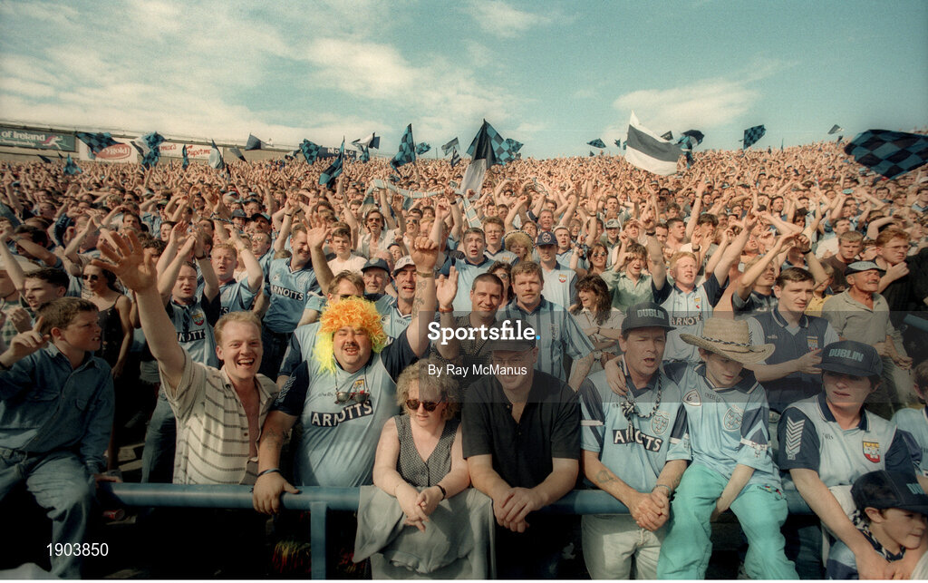 30 July 1995; Dublin supporters on Hill 16 during the Bank of Ireland Leinster Senior Football Championship Final match between Dublin and Meath at Croke Park in Dublin. Photo by Ray McManus/Sportsfile