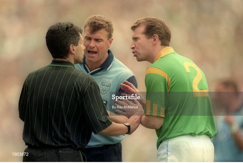 30 July 1995; Charlie Redmond of Dublin and Robbie O'Malley of Meath remonstrate with referee Pat Casserly during the Bank of Ireland Leinster Senior Football Championship Final match between Dublin and Meath at Croke Park in Dublin. Photo by Ray McManus/Sportsfile