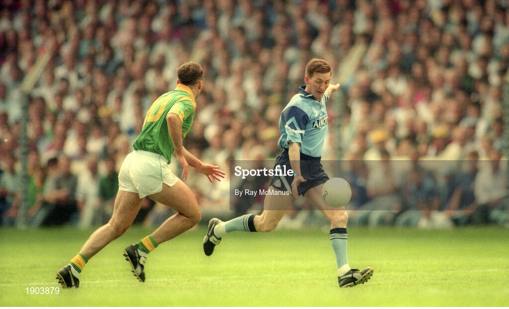 30 July 1995; Mick Deegan of Dublin in action against Jody Devine of Meath during the Bank of Ireland Leinster Senior Football Championship Final match between Dublin and Meath at Croke Park in Dublin. Photo by Ray McManus/Sportsfile