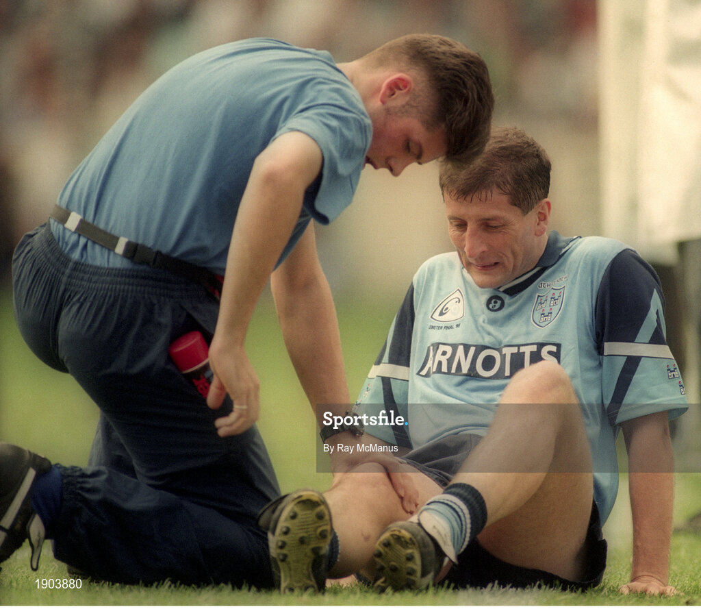 30 July 1995; Mick Galvin of Dublin receives medical attention during the Bank of Ireland Leinster Senior Football Championship Final match between Dublin and Meath at Croke Park in Dublin. Photo by Ray McManus/Sportsfile