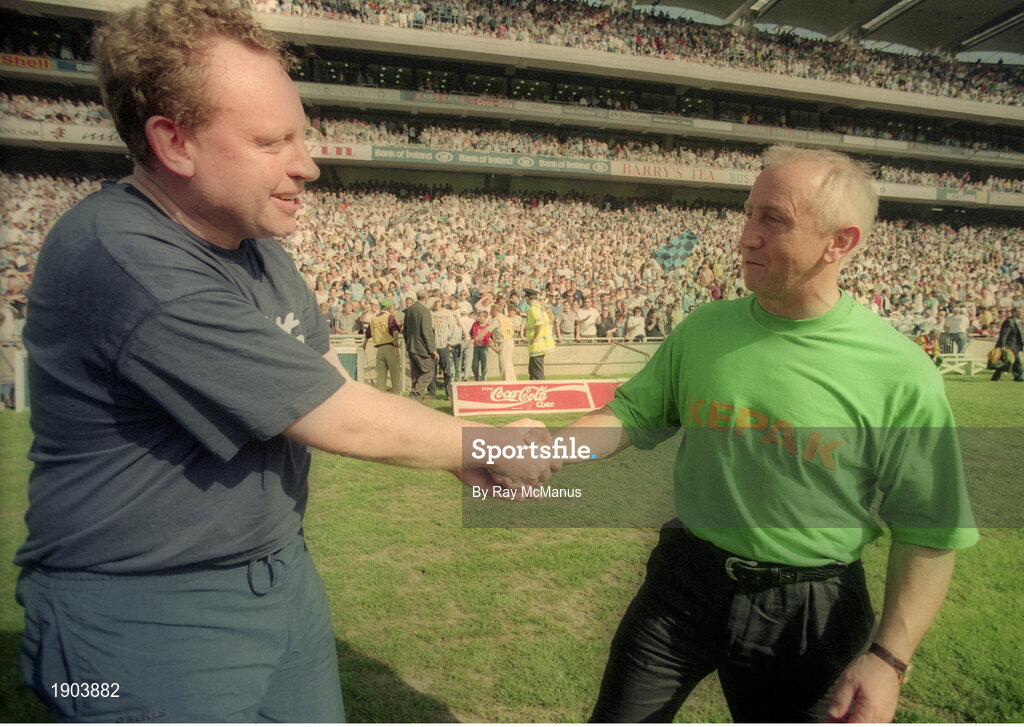 30 July 1995; Dublin manager Dr Pat O'Neill shakes hands with Meath manager Sean Boylan following the Bank of Ireland Leinster Senior Football Championship Final match between Dublin and Meath at Croke Park in Dublin. Photo by Ray McManus/Sportsfile