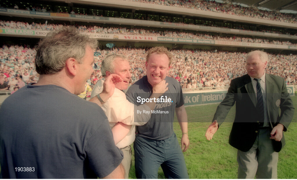 30 July 1995; Dublin manager Dr Pat O'Neill, third from left, celebrates following the Bank of Ireland Leinster Senior Football Championship Final match between Dublin and Meath at Croke Park in Dublin. Photo by Ray McManus/Sportsfile