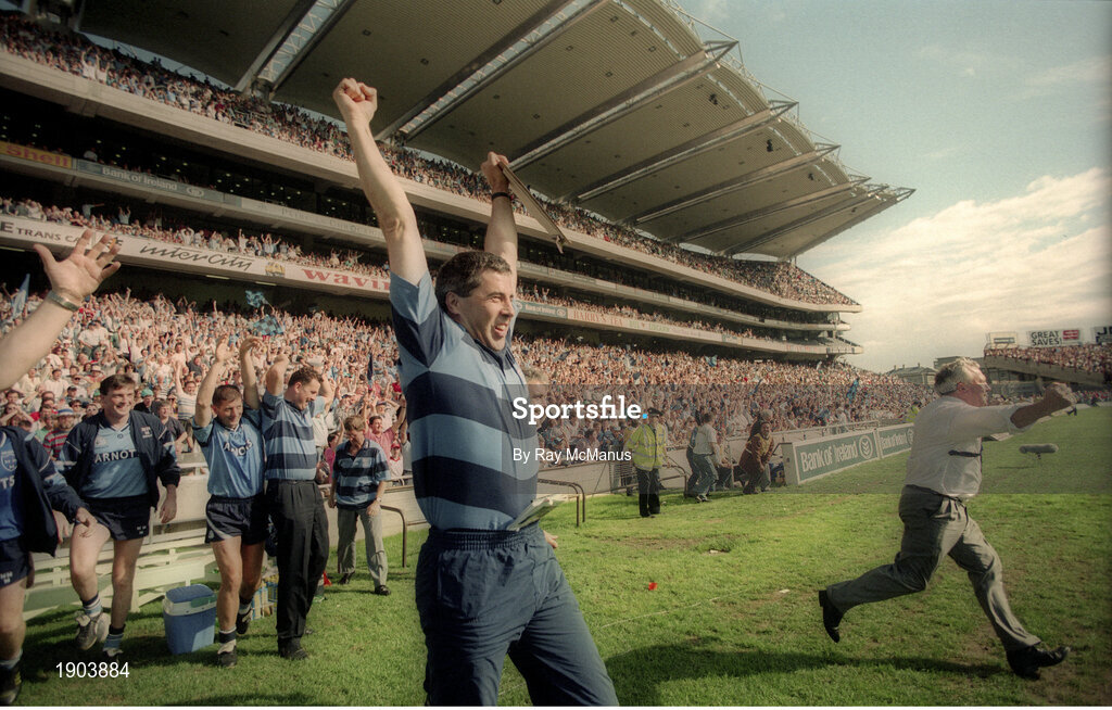 30 July 1995; Dublin selector Jim Brogan celebrates following the Bank of Ireland Leinster Senior Football Championship Final match between Dublin and Meath at Croke Park in Dublin. Photo by Ray McManus/Sportsfile