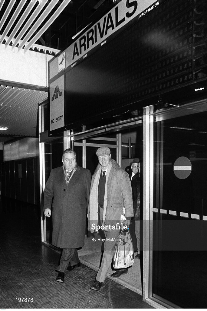 11 February 1986; Jack Charlton, accompanied by Joe Delaney, assistant honorary treasurer of the FAI, arrives at Dublin airport four days after his appointment as Republic of Ireland manager. Dublin. Photo by Ray McManus/Sportsfile