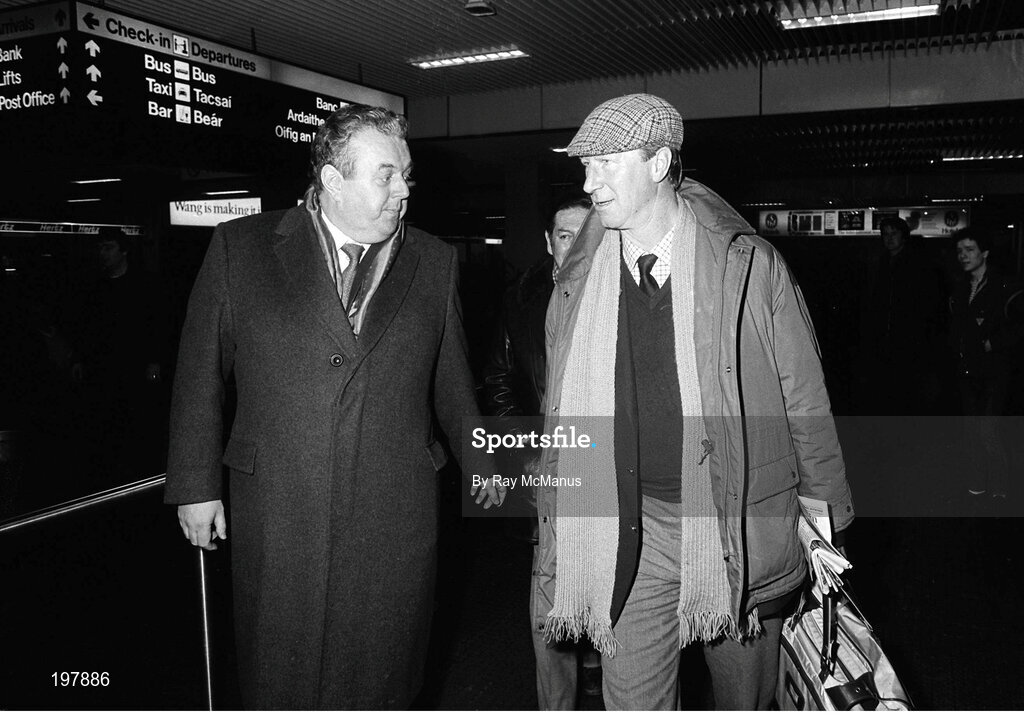 11 February 1986; Jack Charlton, accompanied by Joe Delaney, assistant honorary treasurer of the FAI, arrives at Dublin airport four days after his appointment as Republic of Ireland manager. Dublin. Photo by Ray McManus/Sportsfile