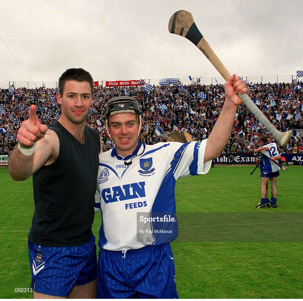 30 June 2002; Waterford's Paul Flynn, right, celebrates with team-mate Anthony Kirwan after the game. Waterford v Tipperary, Guinness Munster Hurling Final, Pairc Ui Chaoimh, Cork. Photo by Ray McManus/Sportsfile