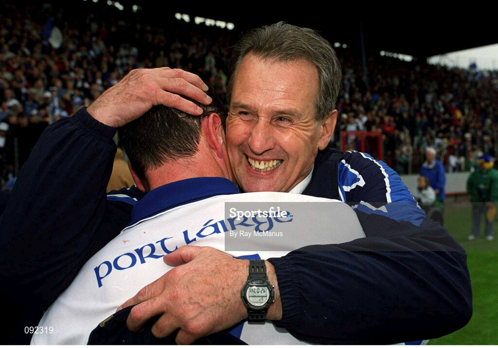 30 June 2002; Waterford manager Justin McCarthy celebrates with Brian Greene after the game. Waterford v Tipperary, Guinness Munster Hurling Final, Pairc Ui Chaoimh, Cork. Photo by Ray McManus/Sportsfile