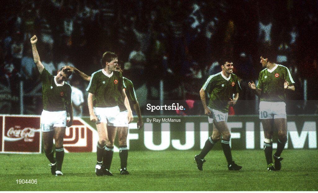 11 June 1990; Kevin Sheedy of Republic of Ireland, left, celebrates after scoring his side's goal with team-mates Steve Staunton, Andy Townsend and Tony Cascarino during the FIFA World Cup 1990 Group F match between England and Republic of Ireland at Stadio Sant'Elia in Cagliari, Italy. Photo by Ray McManus/Sportsfile