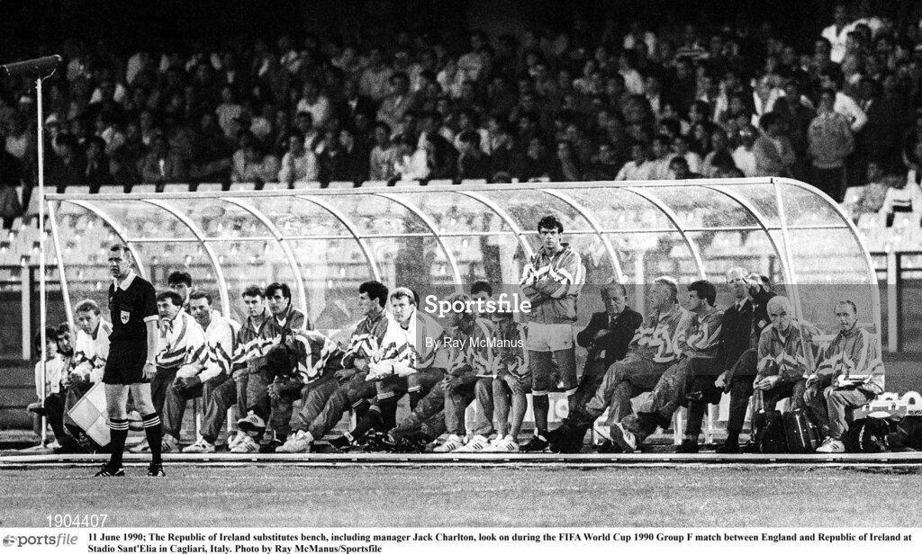 11 June 1990; The Republic of Ireland substitutes bench, including manager Jack Charlton, look on during the FIFA World Cup 1990 Group F match between England and Republic of Ireland at Stadio Sant'Elia in Cagliari, Italy. Photo by Ray McManus/Sportsfile