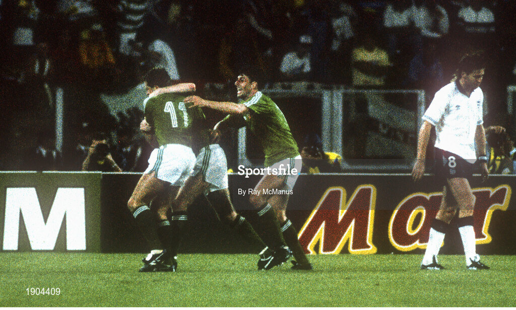 11 June 1990; Kevin Sheedy of Republic of Ireland, 11, celebrates after scoring his side's goal with team-mates Steve Staunton and Andy Townsend during the FIFA World Cup 1990 Group F match between England and Republic of Ireland at Stadio Sant'Elia in Cagliari, Italy. Photo by Ray McManus/Sportsfile