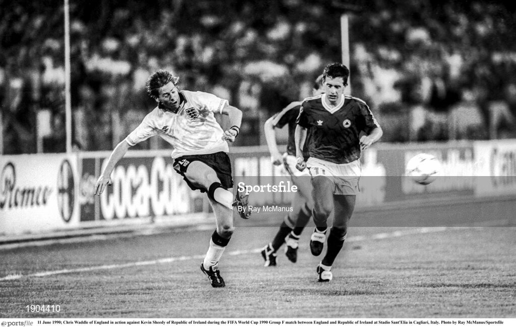 11 June 1990; Chris Waddle of England in action against Kevin Sheedy of Republic of Ireland during the FIFA World Cup 1990 Group F match between England and Republic of Ireland at Stadio Sant'Elia in Cagliari, Italy. Photo by Ray McManus/Sportsfile