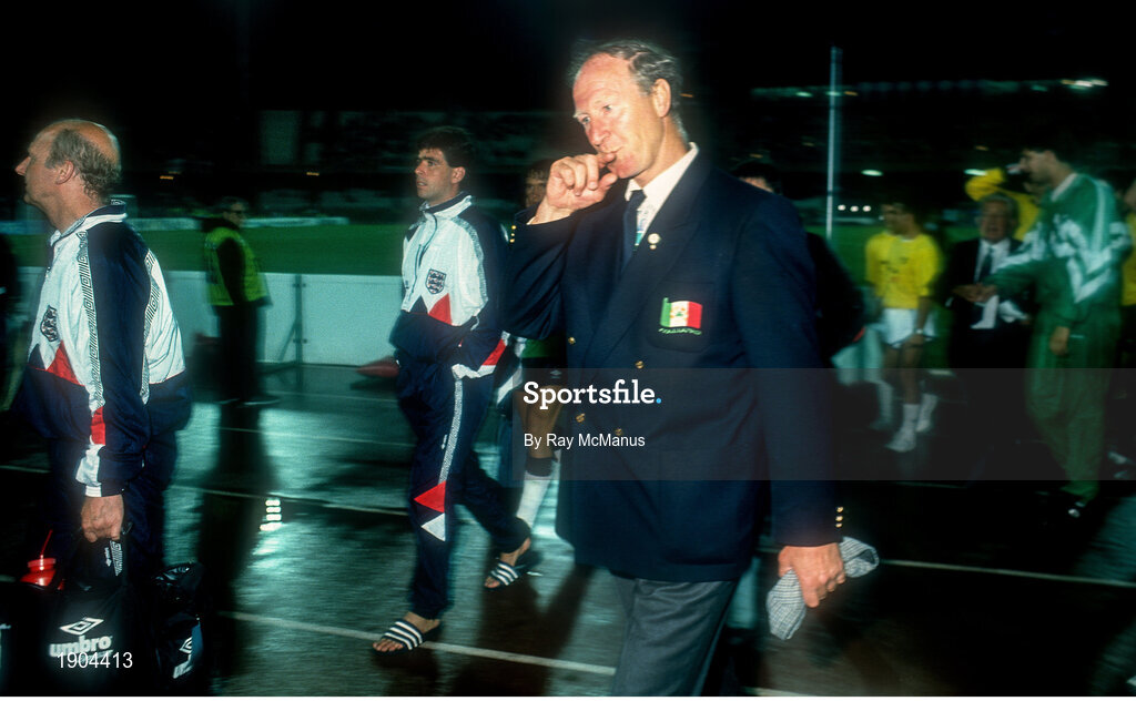11 June 1990; Republic of Ireland manager Jack Charlton leaves the pitch after the FIFA World Cup 1990 Group F match between England and Republic of Ireland at Stadio Sant'Elia in Cagliari, Italy. Photo by Ray McManus/Sportsfile