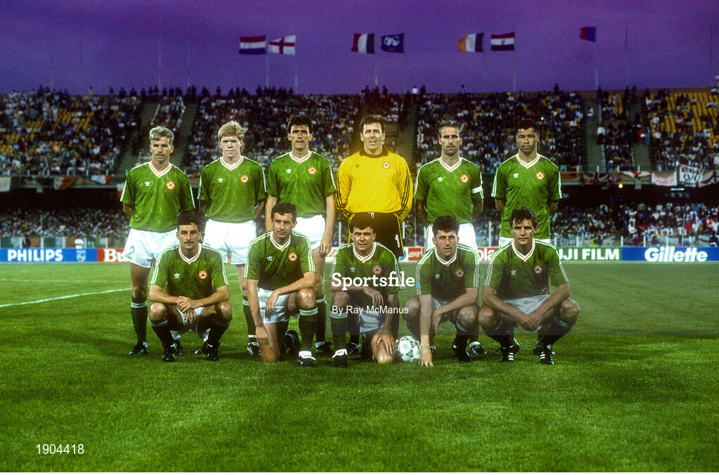 11 June 1990; The Republic of Ireland team, back row, from left, Chris Morris, Steve Staunton, Tony Cascarino, Packie Bonner, Mick McCarthy and Paul McGrath, with front row, from left, John Aldridge, Kevin Sheedy, Ray Houghton, Andy Townsend and Kevin Moran ahead of the FIFA World Cup 1990 Group F match between England and Republic of Ireland at Stadio Sant'Elia in Cagliari, Italy. Photo by Ray McManus/Sportsfile