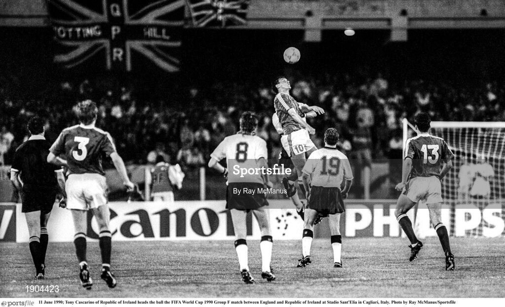 11 June 1990; Tony Cascarino of Republic of Ireland heads the ball the FIFA World Cup 1990 Group F match between England and Republic of Ireland at Stadio Sant'Elia in Cagliari, Italy. Photo by Ray McManus/Sportsfile