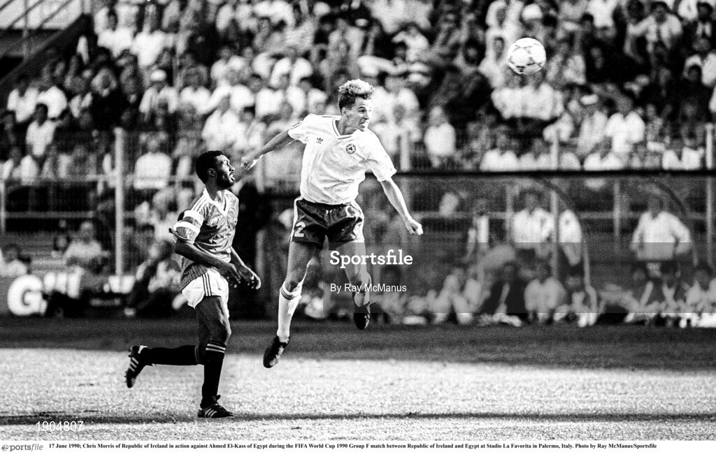 17 June 1990; Chris Morris of Republic of Ireland in action against Ahmed El-Kass of Egypt during the FIFA World Cup 1990 Group F match between Republic of Ireland and Egypt at Stadio La Favorita in Palermo, Italy. Photo by Ray McManus/Sportsfile