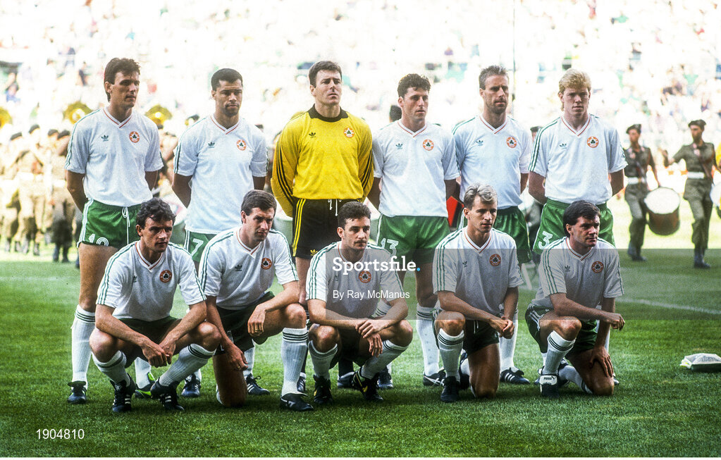17 June 1990; The Republic of Ireland team, back row, from left, Tony Cascarino, Paul McGrath, Packie Bonner, Andy Townsend, Mick McCarthy and Steve Staunton, with, front, from left, Kevin Moran, Kevin Sheedy, John Aldridge, Chris Morris and Ray Houghton prior to the FIFA World Cup 1990 Group F match between Republic of Ireland and Egypt at Stadio La Favorita in Palermo, Italy. Photo by Ray McManus/Sportsfile