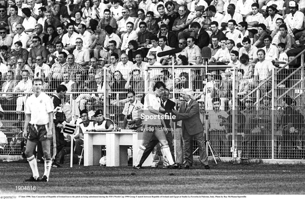 17 June 1990; Tony Cascarino of Republic of Ireland leaves the pitch on being substituted during the FIFA World Cup 1990 Group F match between Republic of Ireland and Egypt at Stadio La Favorita in Palermo, Italy. Photo by Ray McManus/Sportsfile
