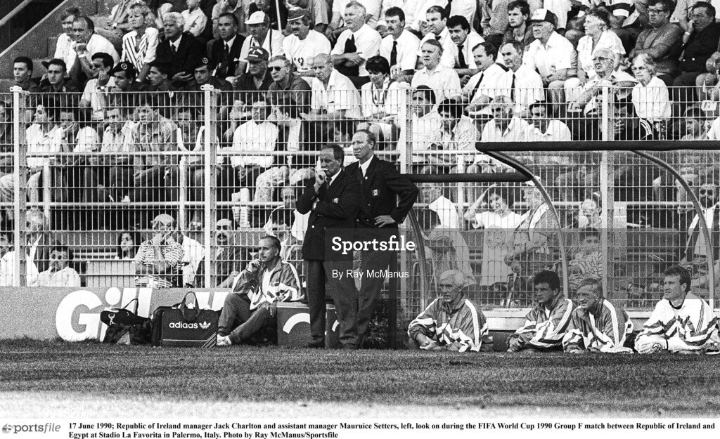17 June 1990; Republic of Ireland manager Jack Charlton and assistant manager Mauruice Setters, left, look on during the FIFA World Cup 1990 Group F match between Republic of Ireland and Egypt at Stadio La Favorita in Palermo, Italy. Photo by Ray McManus/Sportsfile