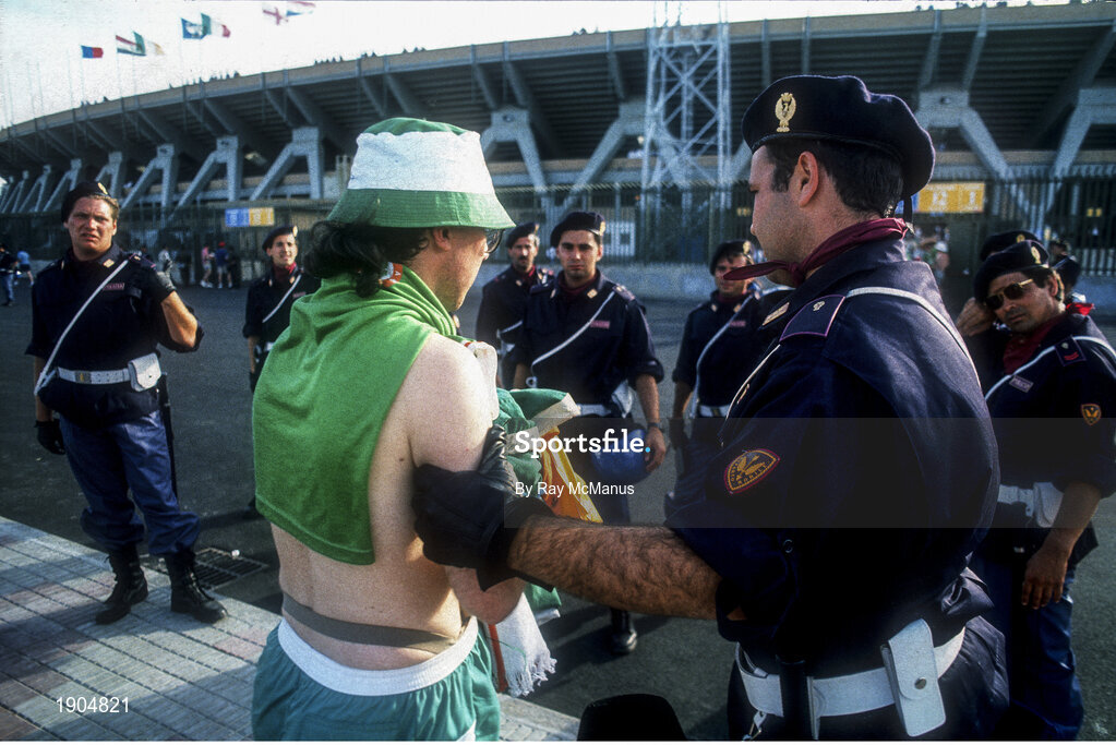 17 June 1990; A Republic of Ireland supporter is checked by police outside the stadium prior to the FIFA World Cup 1990 Group F match between Republic of Ireland and Egypt at Stadio La Favorita in Palermo, Italy. Photo by Ray McManus/Sportsfile