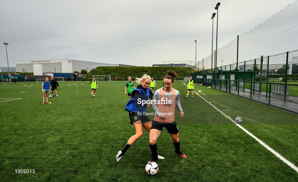 19 June 2020; Karen Duggan, right, and Stephanie Roche during a Peamount United squad training session in Greenogue in Newcastle, Dublin. Following approval from the Football Association of Ireland and the Irish Government, a number of national league teams have been allowed to resume collective training. On March 12, the FAI announced the cessation of all football under their jurisdiction upon directives from the Irish Government, the Department of Health and UEFA, in an effort to contain the spread of the Coronavirus (COVID-19) pandemic. Photo by David Fitzgerald/Sportsfile