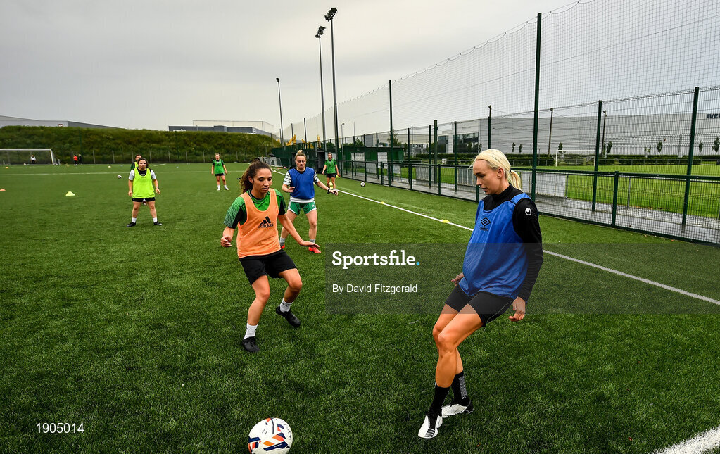 19 June 2020; Stephanie Roche, right, and Louise Corrigan during a Peamount United squad training session in Greenogue in Newcastle, Dublin. Following approval from the Football Association of Ireland and the Irish Government, a number of national league teams have been allowed to resume collective training. On March 12, the FAI announced the cessation of all football under their jurisdiction upon directives from the Irish Government, the Department of Health and UEFA, in an effort to contain the spread of the Coronavirus (COVID-19) pandemic. Photo by David Fitzgerald/Sportsfile