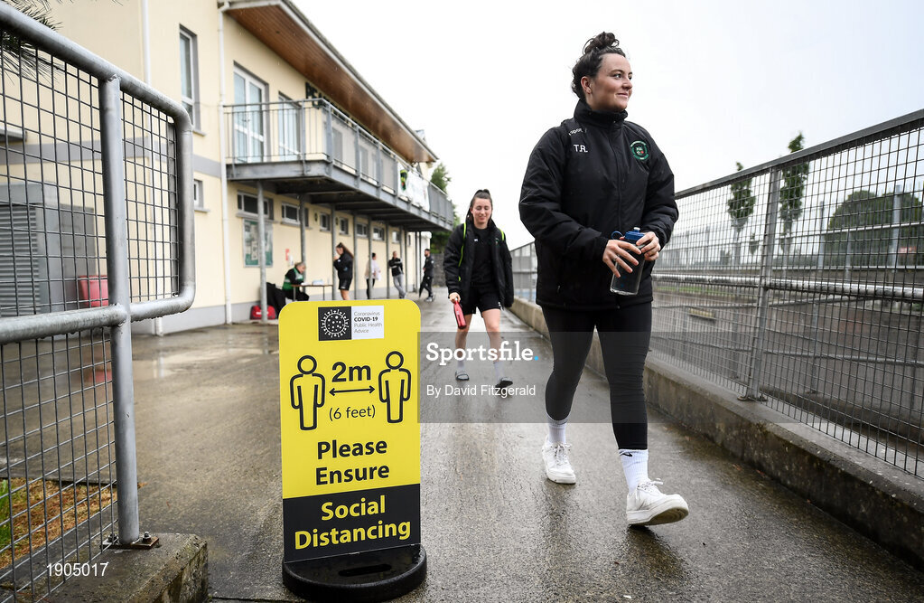 19 June 2020; Tiegan Ruddy makes her way to the pitch prior to a Peamount United squad training session in Greenogue in Newcastle, Dublin. Following approval from the Football Association of Ireland and the Irish Government, a number of national league teams have been allowed to resume collective training. On March 12, the FAI announced the cessation of all football under their jurisdiction upon directives from the Irish Government, the Department of Health and UEFA, in an effort to contain the spread of the Coronavirus (COVID-19) pandemic. Photo by David Fitzgerald/Sportsfile