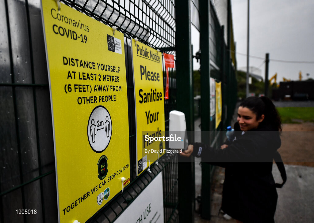 19 June 2020; Naima Chemaou sanitizes prior to a Peamount United squad training session in Greenogue in Newcastle, Dublin. Following approval from the Football Association of Ireland and the Irish Government, a number of national league teams have been allowed to resume collective training. On March 12, the FAI announced the cessation of all football under their jurisdiction upon directives from the Irish Government, the Department of Health and UEFA, in an effort to contain the spread of the Coronavirus (COVID-19) pandemic. Photo by David Fitzgerald/Sportsfile