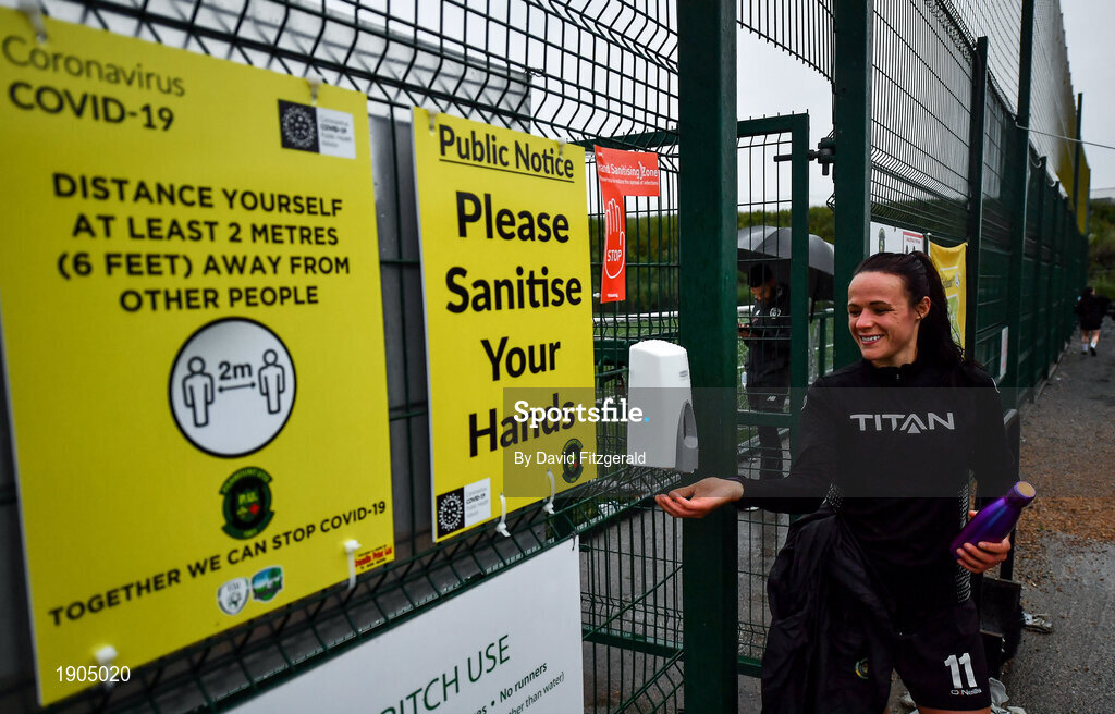19 June 2020; Áine O'Gorman sanitizes prior to a Peamount United squad training session in Greenogue in Newcastle, Dublin. Following approval from the Football Association of Ireland and the Irish Government, a number of national league teams have been allowed to resume collective training. On March 12, the FAI announced the cessation of all football under their jurisdiction upon directives from the Irish Government, the Department of Health and UEFA, in an effort to contain the spread of the Coronavirus (COVID-19) pandemic. Photo by David Fitzgerald/Sportsfile