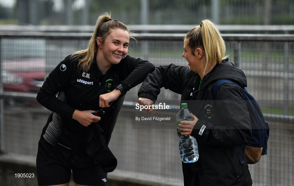 19 June 2020; Chloe Moloney, left, and Lauren Kelly greet each other prior to a Peamount United squad training session in Greenogue in Newcastle, Dublin. Following approval from the Football Association of Ireland and the Irish Government, a number of national league teams have been allowed to resume collective training. On March 12, the FAI announced the cessation of all football under their jurisdiction upon directives from the Irish Government, the Department of Health and UEFA, in an effort to contain the spread of the Coronavirus (COVID-19) pandemic. Photo by David Fitzgerald/Sportsfile
