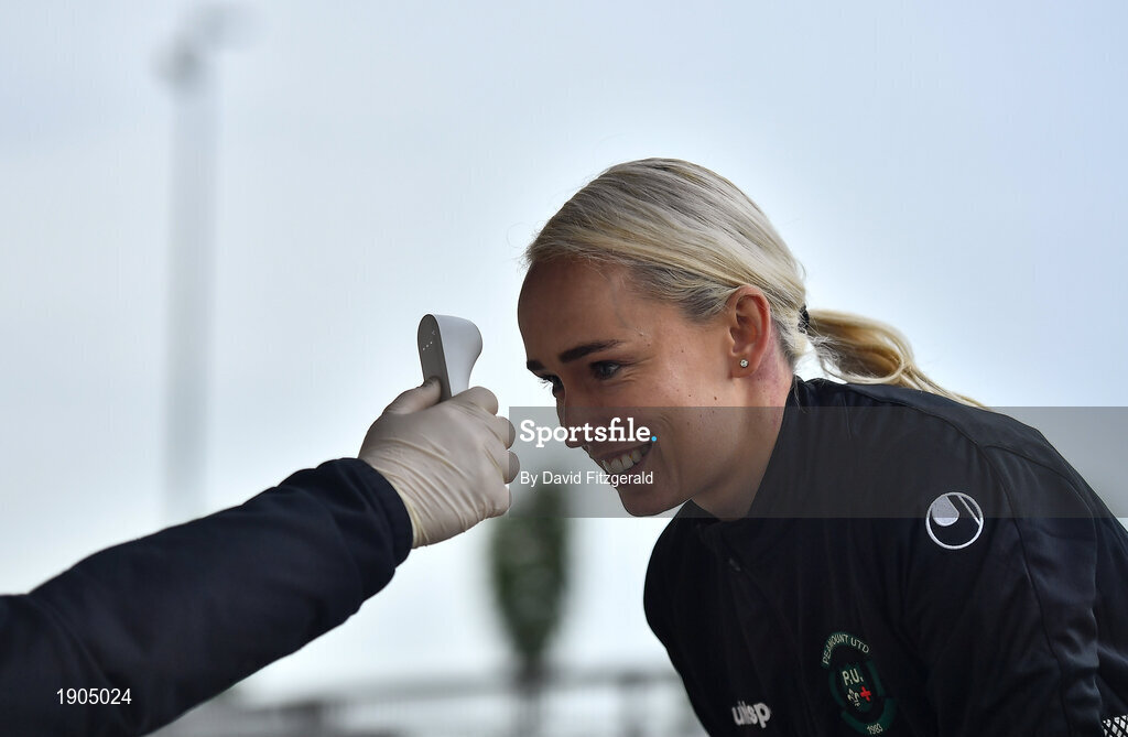 19 June 2020; Stephanie Roche has her temperature taken by Barbara Ryan prior to a Peamount United squad training session in Greenogue in Newcastle, Dublin. Following approval from the Football Association of Ireland and the Irish Government, a number of national league teams have been allowed to resume collective training. On March 12, the FAI announced the cessation of all football under their jurisdiction upon directives from the Irish Government, the Department of Health and UEFA, in an effort to contain the spread of the Coronavirus (COVID-19) pandemic. Photo by David Fitzgerald/Sportsfile