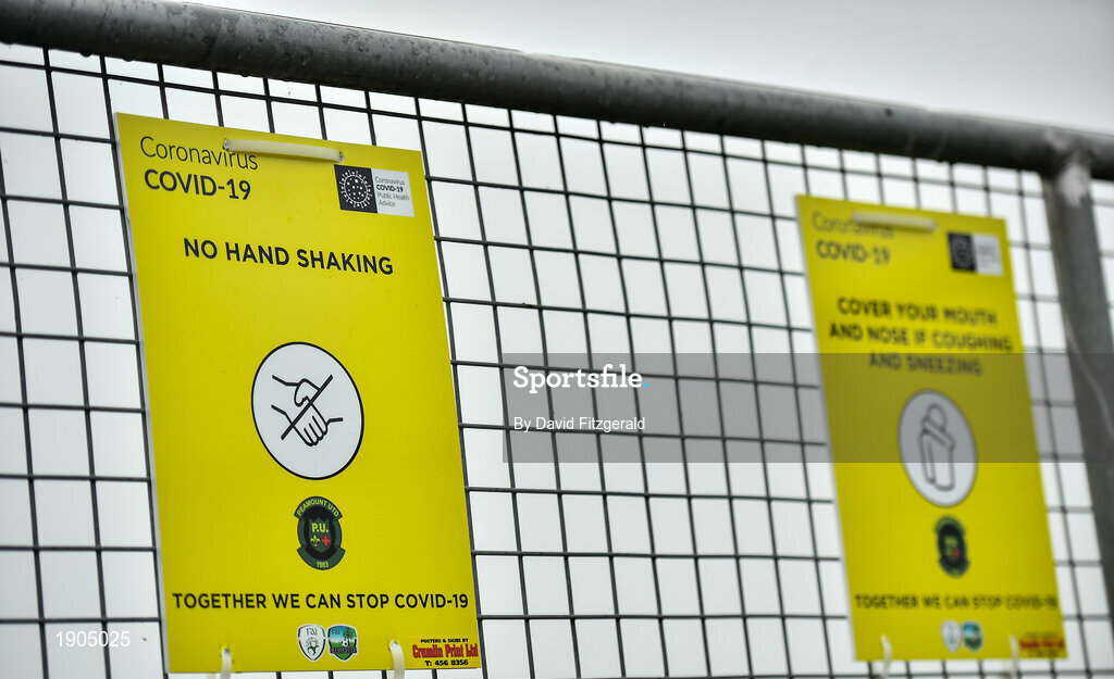 19 June 2020; Covid-19 signage is seen prior to a Peamount United squad training session in Greenogue in Newcastle, Dublin. Following approval from the Football Association of Ireland and the Irish Government, a number of national league teams have been allowed to resume collective training. On March 12, the FAI announced the cessation of all football under their jurisdiction upon directives from the Irish Government, the Department of Health and UEFA, in an effort to contain the spread of the Coronavirus (COVID-19) pandemic. Photo by David Fitzgerald/Sportsfile