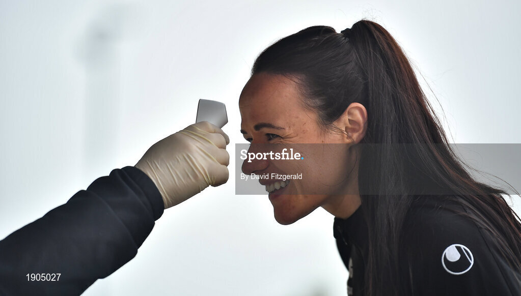 19 June 2020; Áine O'Gorman has her temperature taken by Barbara Ryan prior to a Peamount United squad training session in Greenogue in Newcastle, Dublin. Following approval from the Football Association of Ireland and the Irish Government, a number of national league teams have been allowed to resume collective training. On March 12, the FAI announced the cessation of all football under their jurisdiction upon directives from the Irish Government, the Department of Health and UEFA, in an effort to contain the spread of the Coronavirus (COVID-19) pandemic. Photo by David Fitzgerald/Sportsfile