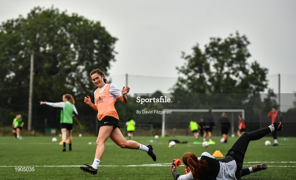 19 June 2020; Sarah McKevitt, left, and Naoise McAloon during a Peamount United squad training session in Greenogue in Newcastle, Dublin. Following approval from the Football Association of Ireland and the Irish Government, a number of national league teams have been allowed to resume collective training. On March 12, the FAI announced the cessation of all football under their jurisdiction upon directives from the Irish Government, the Department of Health and UEFA, in an effort to contain the spread of the Coronavirus (COVID-19) pandemic. Photo by David Fitzgerald/Sportsfile