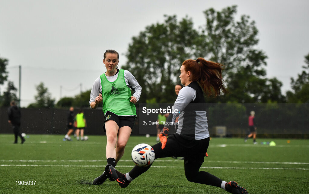 19 June 2020; Claire Walsh, left, and Naoise McAloon during a Peamount United squad training session in Greenogue in Newcastle, Dublin. Following approval from the Football Association of Ireland and the Irish Government, a number of national league teams have been allowed to resume collective training. On March 12, the FAI announced the cessation of all football under their jurisdiction upon directives from the Irish Government, the Department of Health and UEFA, in an effort to contain the spread of the Coronavirus (COVID-19) pandemic. Photo by David Fitzgerald/Sportsfile