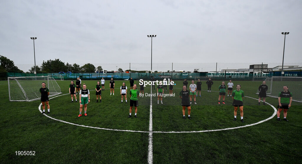 19 June 2020; The squad and coaches pose for a socially distanced photograph during a Peamount United squad training session in Greenogue in Newcastle, Dublin. Following approval from the Football Association of Ireland and the Irish Government, a number of national league teams have been allowed to resume collective training. On March 12, the FAI announced the cessation of all football under their jurisdiction upon directives from the Irish Government, the Department of Health and UEFA, in an effort to contain the spread of the Coronavirus (COVID-19) pandemic. Photo by David Fitzgerald/Sportsfile